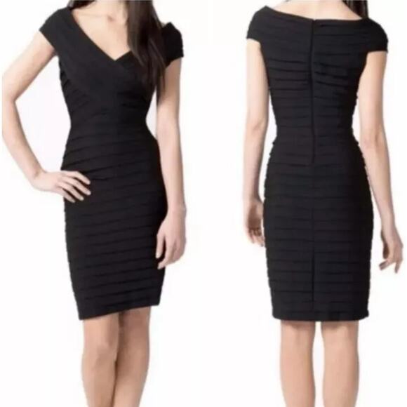 TADASHI SHOJI Black Jersey Shutter Pleated V-neck Cocktail Party Dress Small - Picture 6 of 11